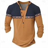  Herren-Henley-Shirt mit geometrischem Muster, Polyester, langärmelig, lässig, für Sommer, Frühling und Herbst, in Seeblau, Dunkelgrau, Schwarz, Grün und Hellblau