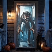preiswerte Türabdeckungen-Halloween-Türdekoration: Werwolf-Türbanner, gruseliges Wolfsmonster, 3D-Illusion, Hintergrund für Haustür, Veranda, Eingangsbereich, Spukhaus, Partydekoration