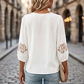  Blusa Ricamata da Donna Floreale Stilosa Casual Maniche 3/4 Collo a Giro Regular Tops Casual Quotidiano Bianco Rosa Grigio Estate Primavera