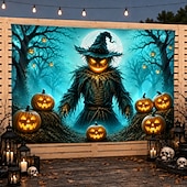 billiga Väggtapeter-halloween bakgrund pumpa fågelskrämma gobeläng jack o'lantern häxhatt utomhus bakgrund väggbonad för uteplats gård veranda staket skörd spökhusfest dekoration