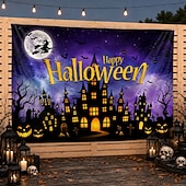 billiga Väggtapeter-halloween bakgrund glad halloween hemsökt hus väggtapet månen fladdermus natt utomhus bakgrund väggbonad för uteplats gård veranda staket barnfest fotobåsdekor