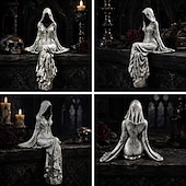  Halloween Gothic Lady Reaper Ethereal Hooded Figure Sculpture Faceless Ghost Decor,  Dark Home Decor, Shelf Sitter for Bookshelf, Office, Room, Halloween Party Decoration