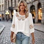  Blusa Ricamata da Donna Floreale Stilosa Casual Maniche 3/4 Collo a Giro Regular Tops Casual Quotidiano Bianco Rosa Grigio Estate Primavera