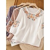  Blusa Ricamata da Donna Floreale Stilosa Casual Maniche 3/4 Collo a Giro Regular Tops Casual Quotidiano Bianco Rosa Grigio Estate Primavera