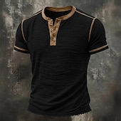 ieftine Tricouri din bumbac și in-Bărbați Tricou Tricou din in Manșon scurt Henley Vară Primăvară Toate Sezoanele Culoare solidă Texturat Vacanță Epocă Sport Peteci Bloc de Culoare Margine crudă Casual Casă În aer liber Alb Negru