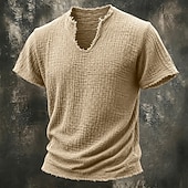 cheap Cotton Linen T-shirts-Men's T Shirt 100% Cotton T-Shirt Short Sleeve V Neck Summer Spring Solid Color Textured Vacation Vintage Sports Raw Edge Casual Home Outdoor Black White Wine Top Tee for Men