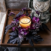 abordables Fleurs et couronnes artificielles-Lot de 2 anneaux de bougies artificiels en forme de roses pour Halloween, couronnes florales noires pour bougies piliers, décorations de table d'Halloween, centres de table gothiques, décoration de