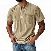 cheap Casual Henley Tee-Men's Henley Shirt 100% Cotton Acid Wash Shirt T shirt Tee Short Sleeve Retro Vintage Casual Distressed Vintage Style Washed Henley Casual Summer Spring Fall Black Light Green Pink Henley T-Shirt