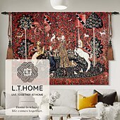 cheap Jacquard Woven Tapestries-L.T L.T.HOME Jacquard Woven Medieval Tapestry Gobelin Aubusson The Lady and The Unicorn Loom Cotton Weave Wall Art Hanging Larger Tapestry Historic Middle Ages Tapestry  (without tassels and rod)