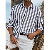 preiswerte Urlaub-Herren Hemd Leinenhemd Sommerhemd Strandhemd Baumwoll-Leinen-Hemd Gestreifte Hemden Gestreift Urlaub Hawaiianisch Gelb Rote Blau Grün Langarm Umlegekragen Frühling &amp; Herbst Bekleidung Button-Down