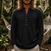 cheap Vacation-Men Linen Shirt Popover Shirt Summer Shirt Beach Wear Vintage Shirt Plain Casual Vacation Blue White Black Navy Blue Long Sleeve Henley Summer Spring Clothing Apparel Buttons