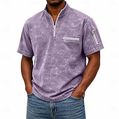 baratos Polo Clássico Masculino-Camisas Polo Masculinas SoftFade™ Camisa Lavagem Ácida Casual Trabalho Gola Polo Zíper Quarto Curta Moda Básica Cor Sólida Com Zíper e Bolso Primavera Verão Azul Violeta Azul Marinho Verde