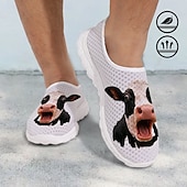  Tênis masculino slip-on com estampa de rosto de vaca branca e cabedal em mesh respirável em formato de favo de mel. &Tênis casual com sola de EVA leve, ideal para caminhadas diárias, praia e pesca.