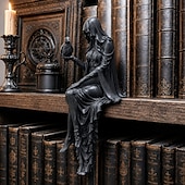 cheap Figurines &amp; Ornaments-Halloween Gothic Raven Shelf Sitter Statue Symbol of Mystery, Wisdom &amp; Dark Elegance Hooded Dark Lady Statue Witch Holding Raven, Decorations Sitting Woman Figurine