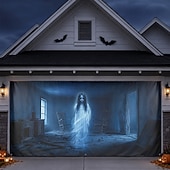 abordables Housse de porte de garage-Décoration de porte de garage d'Halloween : fantôme de fille, chambre hantée, bannière effrayante, maison hantée, jardin, fête.