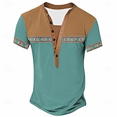 preiswerte Ethnischer Stil-Herren-T-Shirt im Ethno-Stil, Henley-Shirt aus Polyester, Kurzarm, Designer-Basic, Ethno-Look, Outdoor-Casual, Alltag, Sommer, See, Blau, Schwarz, Hellgrün, Dunkelblau, Hellblau, Henley-T-Shirt