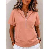  Mulheres Moletons Patchwork Bolsos Quarter Zip Côr Sólida Casual Manga Curta Com Capuz Casual Azul Branco Cinza celeste Preto Rosa Verão Primavera