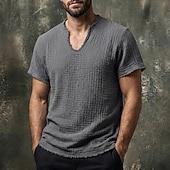 cheap Cotton Linen T-shirts-Men's T Shirt 100% Cotton T-Shirt Short Sleeve V Neck Summer Spring Solid Color Textured Vacation Vintage Sports Raw Edge Casual Home Outdoor Black White Wine Top Tee for Men