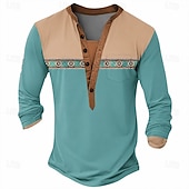  Herren-Henley-Shirt mit geometrischem Muster, Polyester, langärmelig, lässig, für Sommer, Frühling und Herbst, in Seeblau, Dunkelgrau, Schwarz, Grün und Hellblau