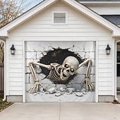  Halloween Garage Door Cover Skeleton Skull Breaking Wall 3D Optical Illusion Garage Door Banner Outdoor Haunted House Yard Party Decoration 16 x 7 FT
