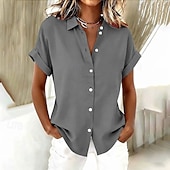 abordables Blouses Unies-Femmes Chemise Chemisier Avec Poches Boutons Uni ancien Élégant Manche Courte Col de chemise Hauts Réguliers Quotidien Fête Sortir Noir Gris Bleu clair Été Printemps