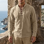 preiswerte Urlaub-Herren Hemd Leinenhemd Wikinger-Stil Popover-Hemd Sommerhemd Stehkragenhemd Einfach Lässig Urlaub Schwarz Weiß Grün Khaki Langarm V Ausschnitt Sommer Frühling Bekleidung Kordelzug