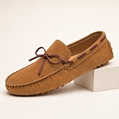 cheap Casual Loafers-Men's Genuine Suede Leather Driving Loafers, Hand-Stitched Moc Toe Slip-On Shoes with Rubber Pebble Sole for Driving and Casual Wear