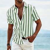  Męskie Koszula Koszula lniana Letnia koszula Koszula plażowa Zapinana na guziki koszula Koszule w paski Pionowe paski Streetwear Urlop Niebieski Rumiany róż Zielony Ciemnoniebieski Krótki rękaw