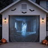 abordables Housse de porte de garage-Décoration de porte de garage d'Halloween : fantôme de fille, chambre hantée, bannière effrayante, maison hantée, jardin, fête.
