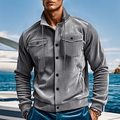 お買い得  メンズワークシャツ-男性用 シャツ カジュアルシャツ コーデュロイシャツ ボタンアップシャツ ブラック ダークグリーン ブラウン アプリコット グレー 長袖 平織り シャツカラー カジュアル 日常 フロントポケット 衣類 ファッション ストリートファッション カジュアル