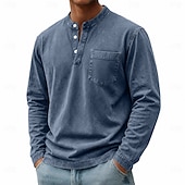baratos Camiseta Henley Casual-Homens Camisa Henley Camisa 100% algodão com lavagem ácida Camiseta Manga Longa Vintage Retro Vintage Casual Estilo vintage Lavado Henley Casual Primavera Outono Todas as Estações Castanho Escuro