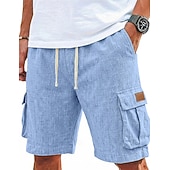cheap Classic-Men's Shorts Linen Shorts Summer Shorts Beach Shorts Drawstring Elastic Waist Multi Pocket Plain Comfort Breathable Knee Length Casual Daily Outdoor Vacation Fashion Blue Khaki Inelastic