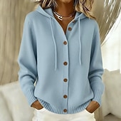 billige Enkel cardigan-damegenser med knapper og hette, langermet, avslappet genser med snøring