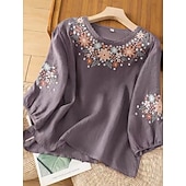  Blusa Ricamata da Donna Floreale Stilosa Casual Maniche 3/4 Collo a Giro Regular Tops Casual Quotidiano Bianco Rosa Grigio Estate Primavera