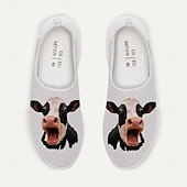  Tênis masculino slip-on com estampa de rosto de vaca branca e cabedal em mesh respirável em formato de favo de mel. &Tênis casual com sola de EVA leve, ideal para caminhadas diárias, praia e pesca.