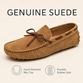 cheap Casual Loafers-Men's Genuine Suede Leather Driving Loafers, Hand-Stitched Moc Toe Slip-On Shoes with Rubber Pebble Sole for Driving and Casual Wear
