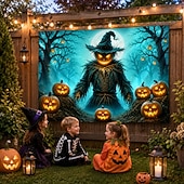 billiga Väggtapeter-halloween bakgrund pumpa fågelskrämma gobeläng jack o'lantern häxhatt utomhus bakgrund väggbonad för uteplats gård veranda staket skörd spökhusfest dekoration