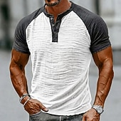 economico T-shirt in Cotone e Lino-Per uomo Maglietta Maglietta in lino Manica Corta Henley Estate Primavera Tinta unica Blocco di colori Testurizzato Vacanza Vintage Sport Senza bordo Manica corta Casuale Casa All'aperto Bianco Vino