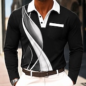  Men's Geometic Line Polo Shirts Long Sleeve Polo Shirts Lapel Business Casual Athleisure Daily Wear 3D Print Buttons Spring Fall Winter Blue Black Red