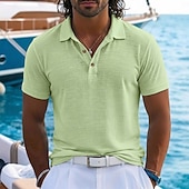  Herren Leinenhemd Poloshirts Lässig Urlaub Klassisch Kurzarm Urlaub Mode Einfach Texture Knöpfe Sommer Frühling Normale Passform Meerblau Schwarz Rosa Grün Leicht Blau Leinenhemd
