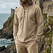 preiswerte Urlaub-Herren Hemd Leinenhemd Wikinger-Stil Popover-Hemd Sommerhemd Stehkragenhemd Einfach Lässig Urlaub Schwarz Weiß Grün Khaki Langarm V Ausschnitt Sommer Frühling Bekleidung Kordelzug