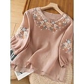  Blusa Ricamata da Donna Floreale Stilosa Casual Maniche 3/4 Collo a Giro Regular Tops Casual Quotidiano Bianco Rosa Grigio Estate Primavera