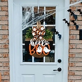 baratos Decoração ao ar livre-Guirlanda de madeira com fantasma para porta de Halloween, decoração divertida de fantasma para pendurar na porta da frente, enfeite rústico de boas-vindas para Halloween na varanda, entrada, parede,