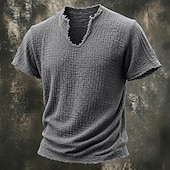 cheap Cotton Linen T-shirts-Men's T Shirt 100% Cotton T-Shirt Short Sleeve V Neck Summer Spring Solid Color Textured Vacation Vintage Sports Raw Edge Casual Home Outdoor Black White Wine Top Tee for Men