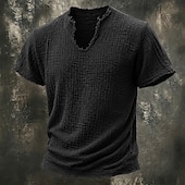 cheap Cotton Linen T-shirts-Men's T Shirt 100% Cotton T-Shirt Short Sleeve V Neck Summer Spring Solid Color Textured Vacation Vintage Sports Raw Edge Casual Home Outdoor Black White Wine Top Tee for Men