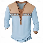  Herren-Henley-Shirt mit geometrischem Muster, Polyester, langärmelig, lässig, für Sommer, Frühling und Herbst, in Seeblau, Dunkelgrau, Schwarz, Grün und Hellblau