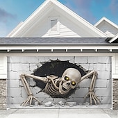  Halloween Garage Door Cover Skeleton Skull Breaking Wall 3D Optical Illusion Garage Door Banner Outdoor Haunted House Yard Party Decoration 16 x 7 FT