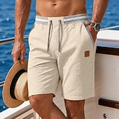 baratos Feriado-Homens Calção Shorts de linho Shorts de verão Shorts de praia Com Cordão Bolsos Cintura elástica Bloco de cor Cor Única Conforto Respirável Curto Casual Diário Praia Férias Moda Cáqui ダークカーキ Com