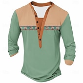  Herren-Henley-Shirt mit geometrischem Muster, Polyester, langärmelig, lässig, für Sommer, Frühling und Herbst, in Seeblau, Dunkelgrau, Schwarz, Grün und Hellblau