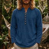 cheap Vacation-Men Linen Shirt Popover Shirt Summer Shirt Beach Wear Vintage Shirt Plain Casual Vacation Blue White Black Navy Blue Long Sleeve Henley Summer Spring Clothing Apparel Buttons